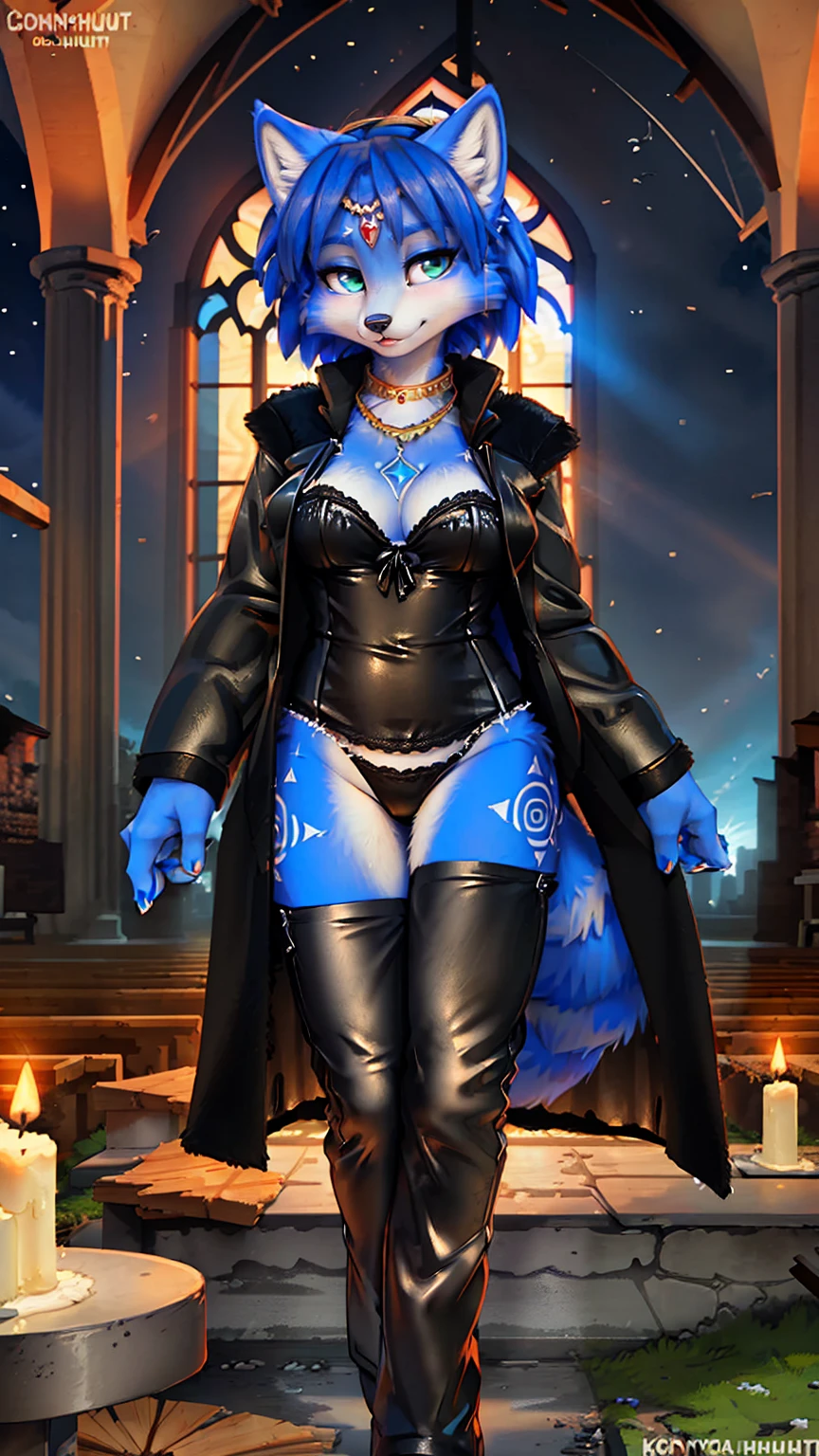 a picture of ((krystal)), Star Fox krystal, lovable, green eyes, medium breasts, (((Long blue hair 1.3))), Decollete, anthro, furry, Uploaded E621, detailed fluffys fell, (von Fluff-Kevlar, Bayard Wu, Pino Daeni), detailed face, (fluffy), 1 girl, alone, sweet girl, (((black coat))), (((cowboyhut:1.3))), (((leather pants))), (((chemise:1.3))) , detailed fur, (Kirchenruine, destroyed church, abandoned church), detailed light, Night color palette, Night pastel soft light, candles,