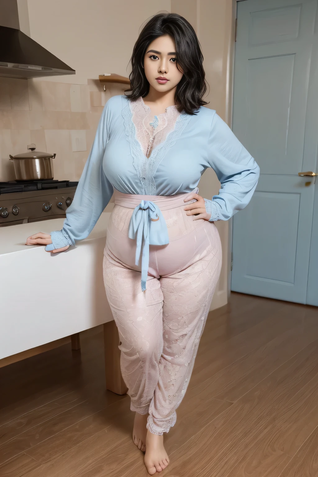 1 girl, High resolution 1.2, (8k, RAW Photo, Best quality, Masterpiece), (realistic, photo-realistic:1.4), Ultra detailed, round face, kitchen in background, sexy, short height, beautiful girl、 detailed kitchen、(realistic black eyes:1.3), indian girl bending over, short fine black hair:1.3, short fine black hair:1.3, bun_head,,, flowing short black hair:1.3, Realistic skin tone, soft mouth, short black hair, very pretty, realistic faces、(8k、raw photography、premium 、masterpiece:1.2)、(realistic、photorealistic:1.37), ((wearing pink long sleeve shirt:1.1)), ((wearing light blue lace long suit pants)), barefoot, looking seductively, big breast , bending over against table, seductive, teasing, (( girl, ()), (( a picture of a beautiful indian girl)), ((fit body)), ((rear body shot)), buttock crease, buttock facing camera, the contour of the buttock clearly visible, ((plump short body)), ((height:150 cm)), ((full body shot)), lift your right foot (placing right foot on the table), detailed buttock shape, (muscullar body:1
3), (plump:1.3)