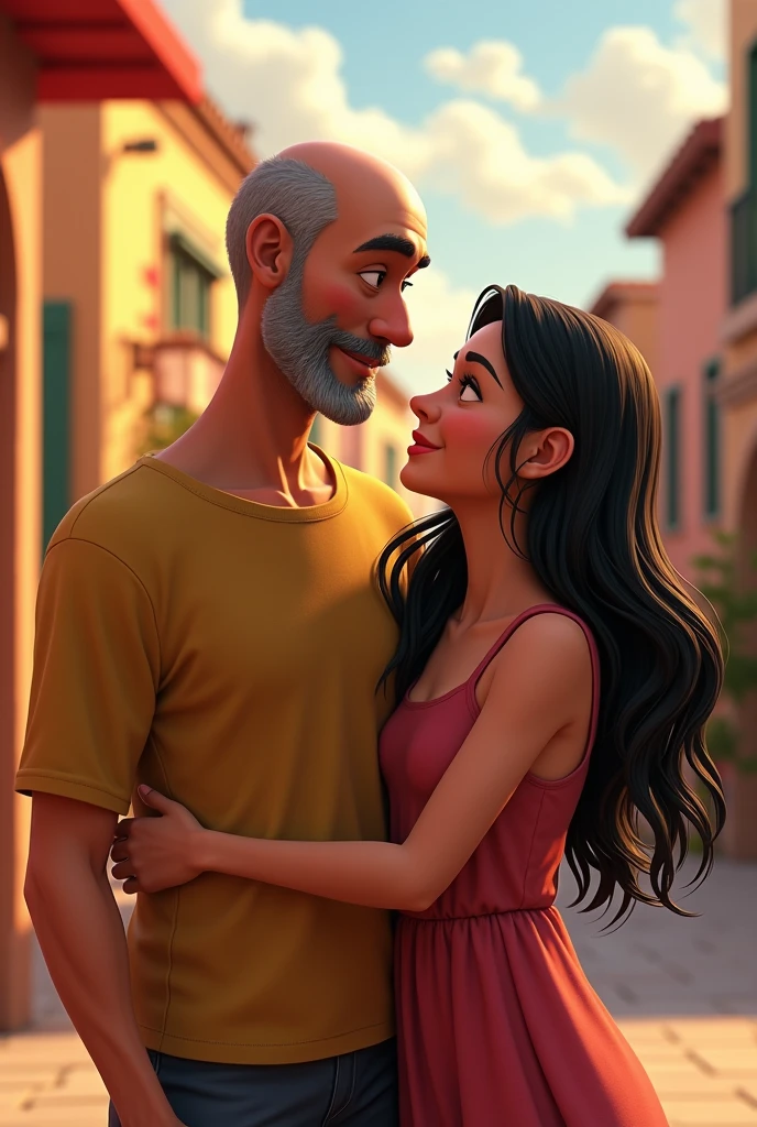 bald man couple with thin beard and beginning of gray hair, 45 years of 1.75 tall and 100 kilos and 30 year old black haired woman of 1.60 tall 75 kilos Disney Pixar style, high qualiy, best qualityer