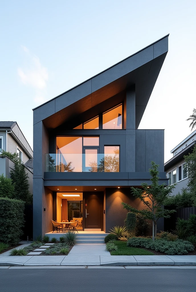 The facade of a modern house that has a sloping roof that comes from the back of the house towards the main entrance