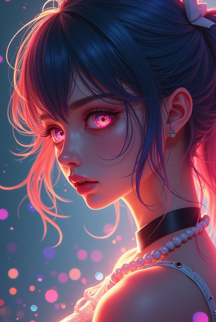 {{masterpiece}}, best quality, extremely detailed CG unity 8k wallpaper, cinematic lighting, lens flare, beautiful detail eyes, black,  side glance,  multicolor hair, colorful light, particles, heterochromia, (colorful:1.5), (colorful hair:1.5),