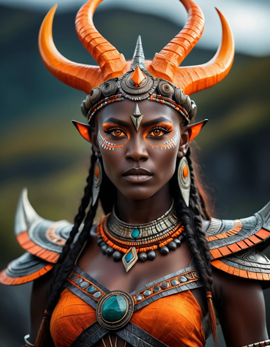 A tall woman, fantasy world, tribal attire, strong and well-defined body, dark gray skin, orange eyes, serious expression, horned crown harmoniously connected to the head, detailed face, 8k, photorealistic, masterpiece, cinematic lighting, dramatic lighting, vibrant colors, intricate details, fantasy art, visão corpo completo