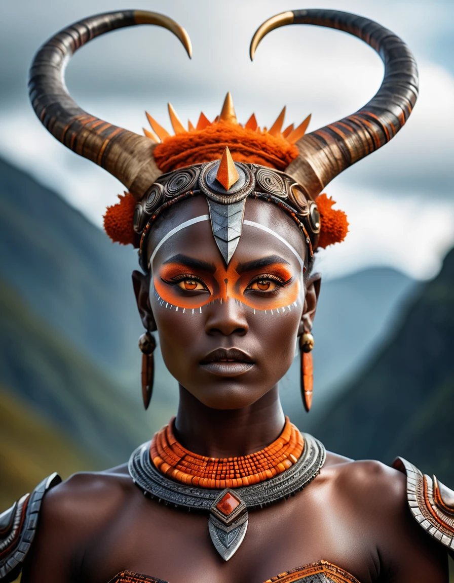A tall woman, fantasy world, tribal attire, strong and well-defined body, dark gray skin, orange eyes, serious expression, horned crown harmoniously connected to the head, detailed face, 8k, photorealistic, masterpiece, cinematic lighting, dramatic lighting, vibrant colors, intricate details, fantasy art, visão corpo completo