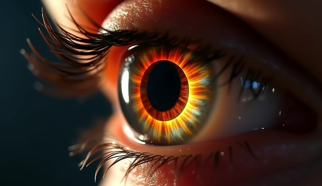 Close-up of a human eye reflecting the solar eclipse, with the pupil dilating in response to the darkening sky. The surrounding iris shows subtle changes in color perception, emphasizing the shift from vibrant reds to cooler blue-green hues.

