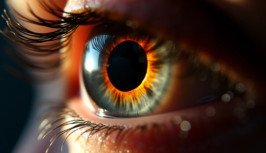 Close-up of a human eye reflecting the solar eclipse, with the pupil dilating in response to the darkening sky. The surrounding iris shows subtle changes in color perception, emphasizing the shift from vibrant reds to cooler blue-green hues.

