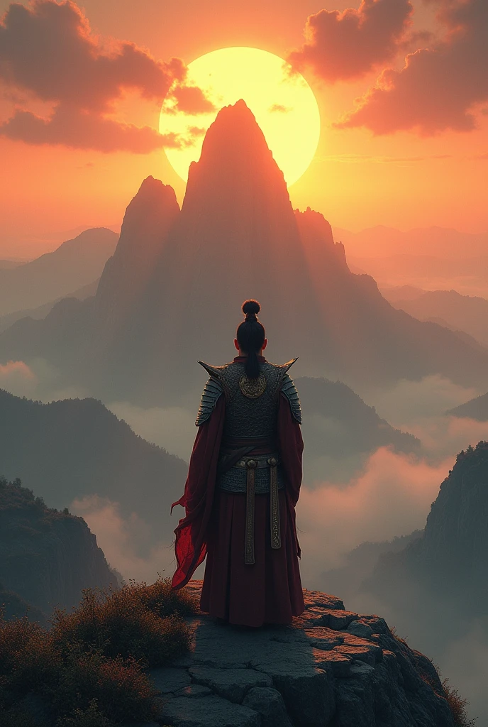 The Asian ancient warrior is watching the sunrise from the mountaintop.
