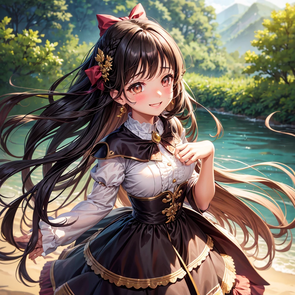 Alone, Long hair, High resolution, breasts, looking at the viewer, smile, blush, Brown eyes,Hair bow, tears, High resolution, necessary, details altos, detail, high quality, Long hair, black hair, braid, breasts, earrings, blush, smile, tears, smile, laughing, simple background, foreground, cheered up, Digital art,