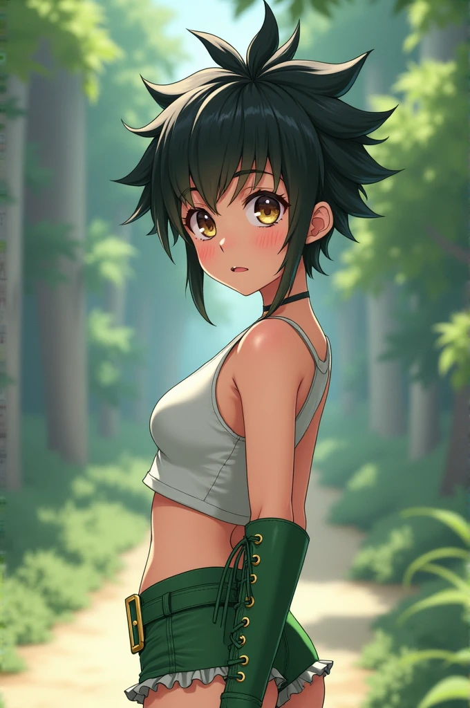 YOU COULD CREATE A CHARACTER WITH ANIME AESTHETICS THAT HAS BLACK HAIR WITH DARK GREEN SPIKED UP, A WELL-DEFINED FACE THAT TRANSMITS INNOCENCE, KINDNESS, LIGHT BROWN EYES, OUTFITS: GREEN SHORT SHORTS WITH BELT AND WHITE CROPPED TOP AND GREEN HIGH LEATHER BOOTS WITH LACES, ANKLE LENGTH with simple and robust dark green details