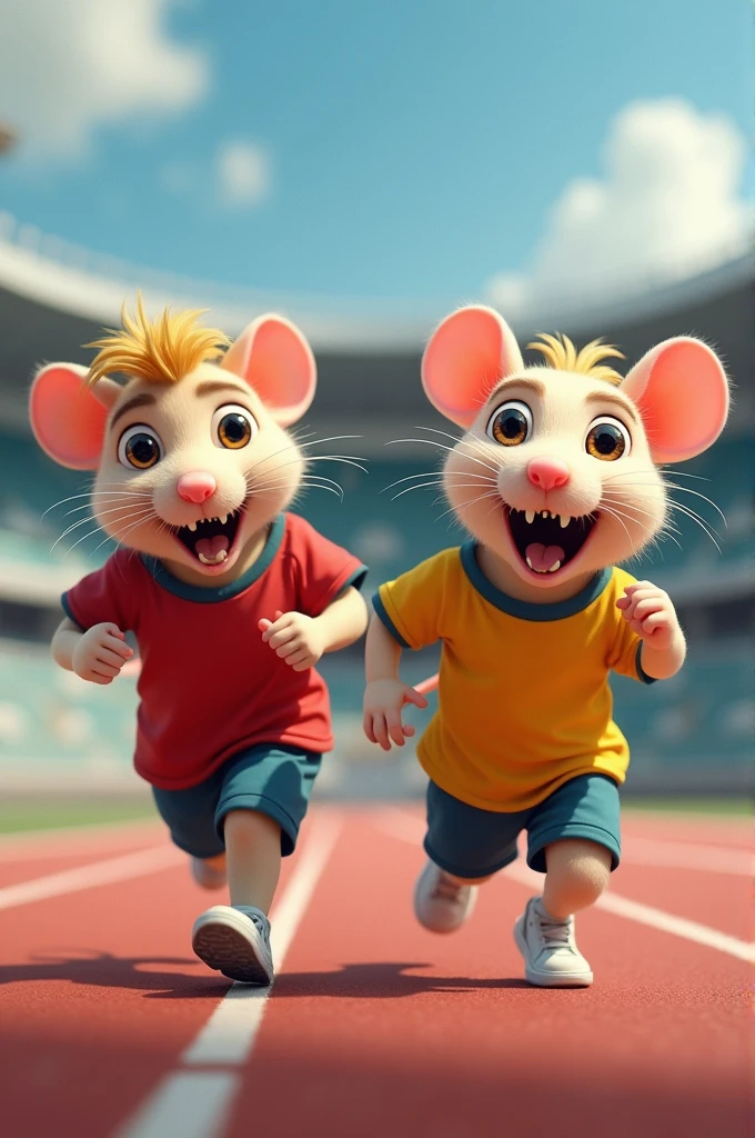 Two animal rats with blonde hair who are jogging around a stadium dressed in cartoon-style sportswear and drooling. 