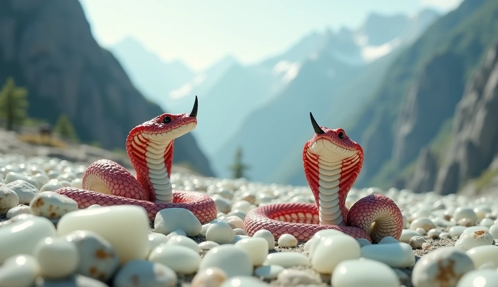 There are many white jades and pit vipers with spikes on their noses between red and white rings on the mountain.(best quality,4K,8k,High level,masterpiece:1.2),Ultra Detailed,(lifelike,Photo real,Photo real:1.37)
