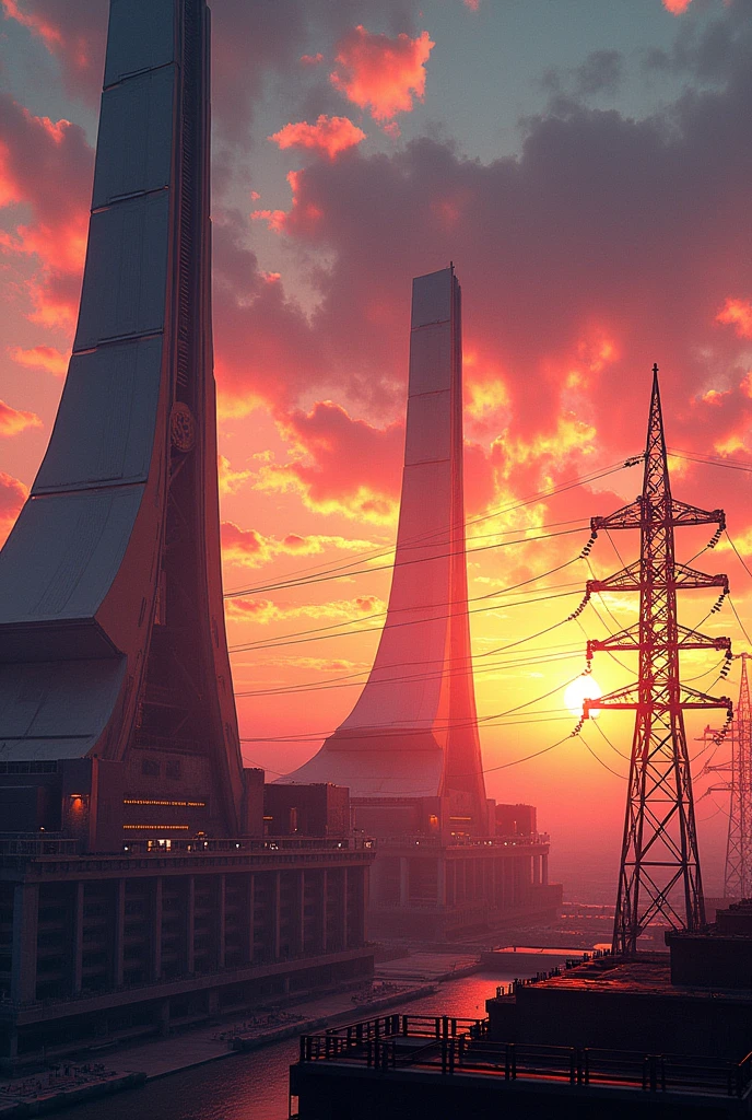 "A modern power plant with towering structures and electrical lines, set against a sunset sky. The image should incorporate bright flashes of light and metallic tones, emphasizing the energy and power of this utility."