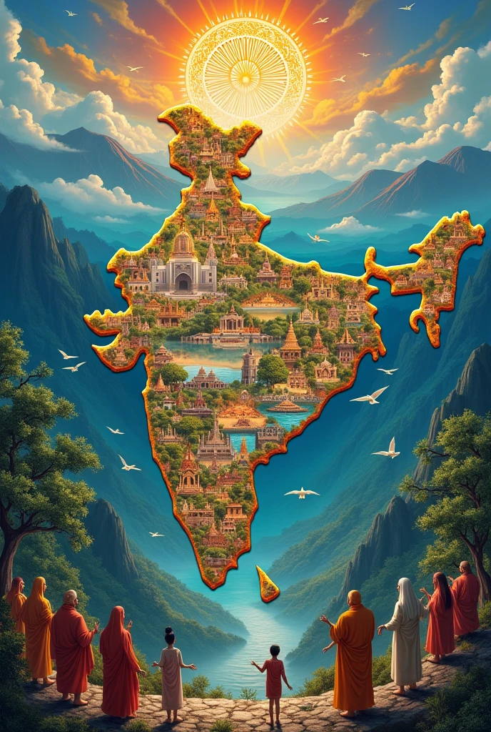 Main India mein rahata hun koi aisa image generate karke do jismein India ki biodiversity dikhai gai Ho desh ko sabse upar dikhaya gaya ho aur dharmon se bhi upar desh ko dikhaya Gaya hai Desh mein अलग-अलग log ke Dharm dharmon ke log rahte hain Shabnam pyar aur sab mein Ekta dikhai gai Ho koi aisi image create karke do Jo unico bahut acchi Ho