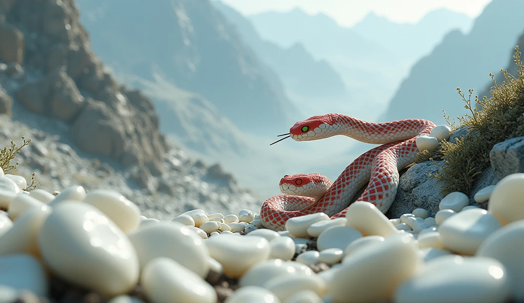There are many white jades and pit vipers with spikes on their noses between red and white rings on the mountain.（best quality，4K，8k，High level，masterpiece：1.2），Ultra Detailed，（lifelike，Photo real，Photo real：1.37）