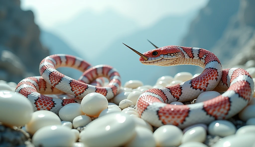 There are many white jades and pit vipers with spikes on their noses between red and white rings on the mountain.（best quality，4K，8k，High level，masterpiece：1.2），Ultra Detailed，（lifelike，Photo real，Photo real：1.37）