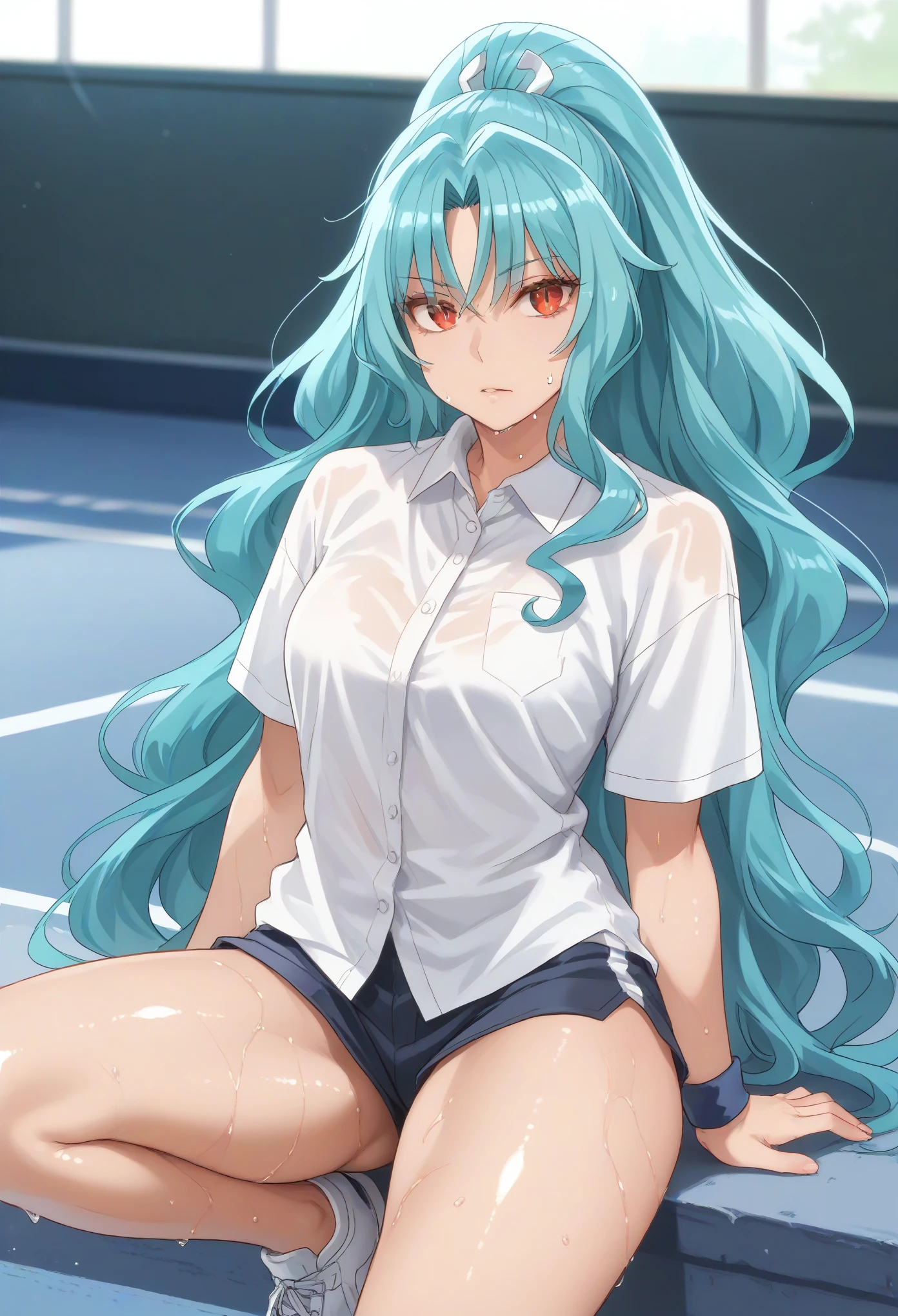 long hair aqua hair ponytail red eyes,slit pupils,1girl, solo, white polo shirt, white sneakers, tennis wear, white miniskirt, masterpiece, best quality, realistic, hyper-detailed, (shiny skin, sweaty:1.2), absurd, looking at viewer,  slender, dynamic lighting, high resolution, sharp focus, depth of field, detailed eyes, sharp pupils, realistic pupils, , (thick thighs:1.0), outdoor, sky