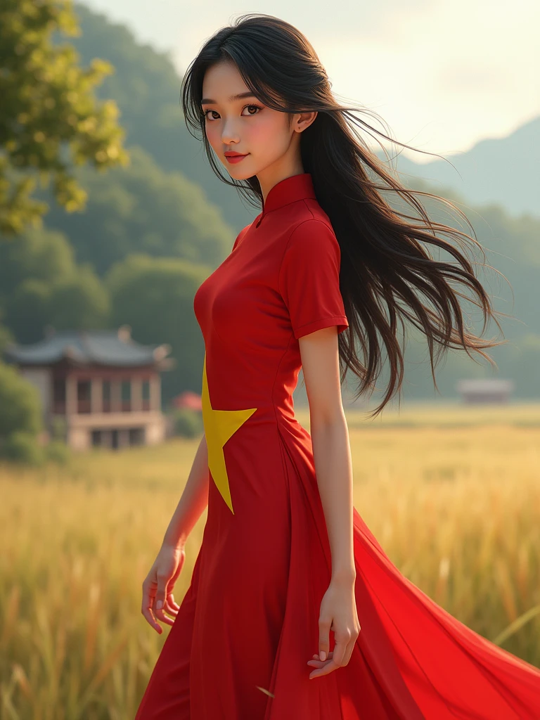 A girl is wearing a traditional Vietnamese ao dai, with the ao dai hugging her body, creating a graceful and gentle look. Her ao dai is printed with the Vietnamese flag, standing out with a red background and a five-pointed yellow star in the front. Her hair is long, jet-black and naturally loose, falling on both sides of her shoulders. She is standing in an open space, maybe in the middle of a field, an old town, or on the riverbank, creating a peaceful scene reminiscent of her homeland Vietnam. Her eyes shine with pride and patriotism, clearly reflecting the national spirit through this unique costume.