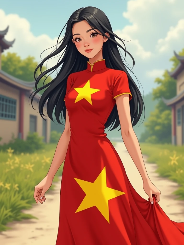 A girl is wearing a traditional Vietnamese ao dai, with the ao dai hugging her body, creating a graceful and gentle look. Her ao dai is printed with the Vietnamese flag, standing out with a red background and a five-pointed yellow star in the front. Her hair is long, jet-black and naturally loose, falling on both sides of her shoulders. She is standing in an open space, maybe in the middle of a field, an old town, or on the riverbank, creating a peaceful scene reminiscent of her homeland Vietnam. Her eyes shine with pride and patriotism, clearly reflecting the national spirit through this unique costume.