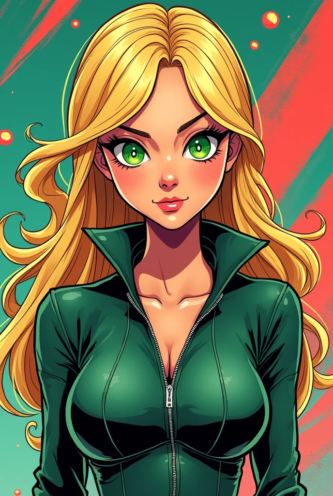 blonder woman, skinny with green eyes in comics style