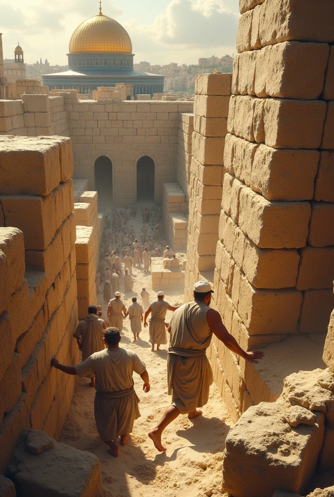 Jewish workers rebuilding the Temple in Jerusalem, with huge stones being lifted and placed in their foundations.