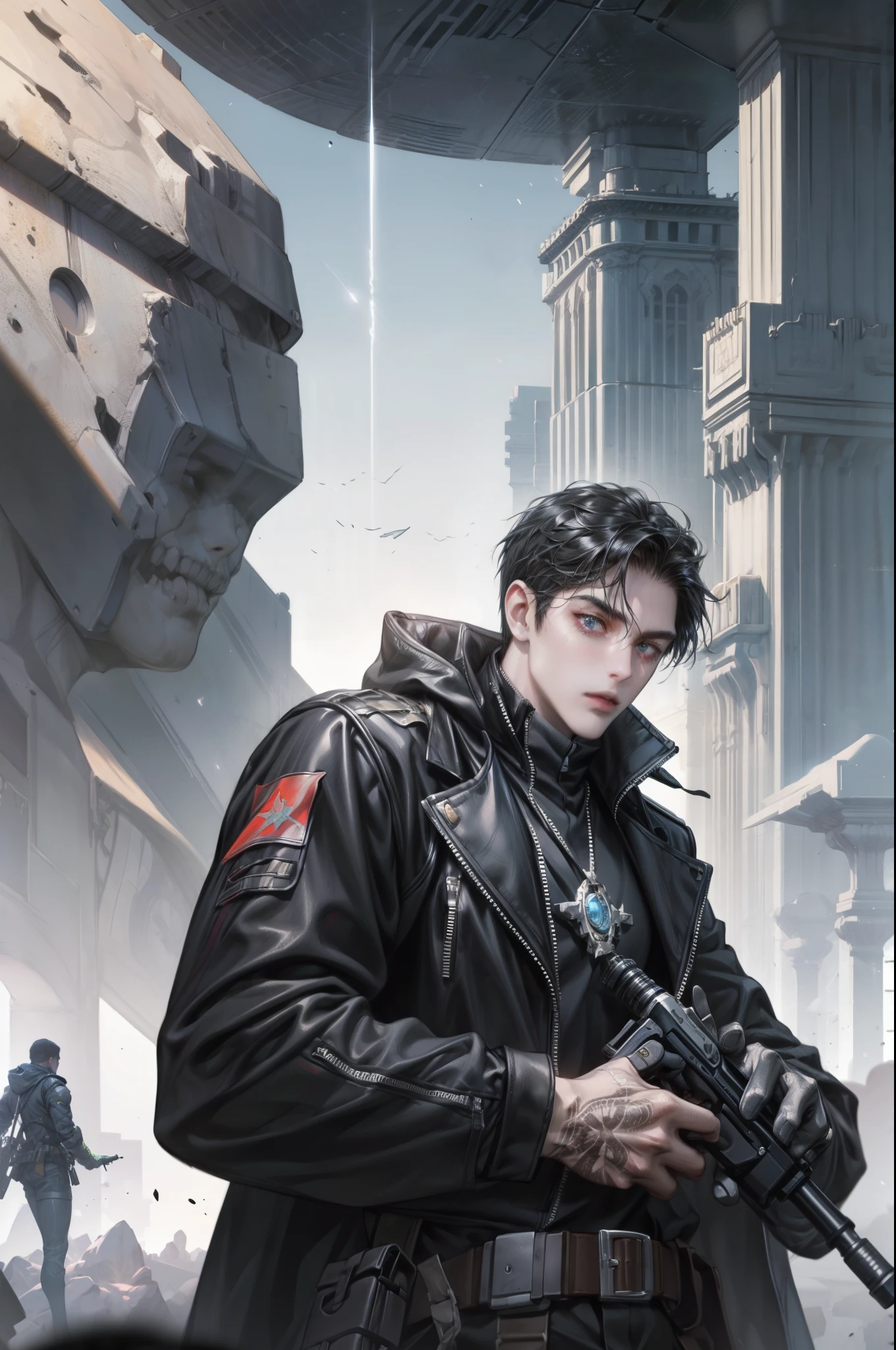 Cyberpunk male, fantasy world, dark background, clean design, epic instagram, artstation, colorful paint splatter, silhouette, hyper detailed intricate details, unreal engine, fantasy, intricate details, splash screen, complementary colors, Fantasy