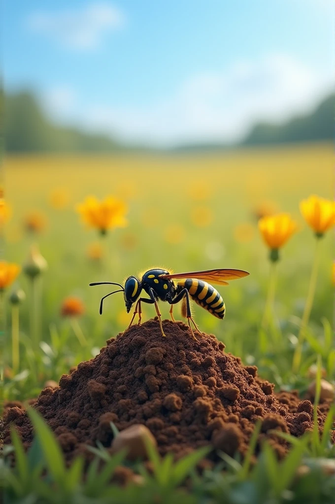 A wasp on a dog poop in a large meadow 