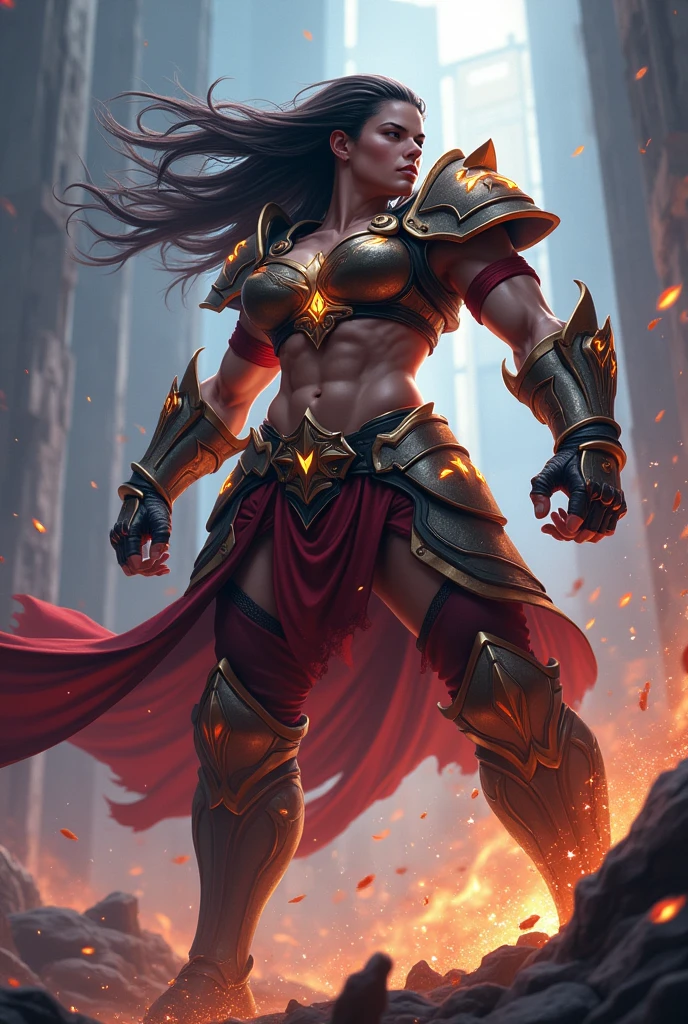 A powerful, (big body muscle:1.8) female warrior in a dynamic battle pose, long flowing hair, fierce expression, intricate armor with glowing runes, dramatic lighting, cinematic camera angle, epic fantasy, vibrant colors, dramatic lighting, digital art, concept art style