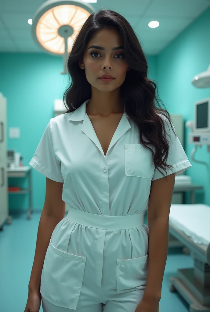 6 feet tall big breasted  Brest beautiful Indian girl as sexy nurse full realistic 4k picture  wear a mask gynec hospital background without bokey effect in ot