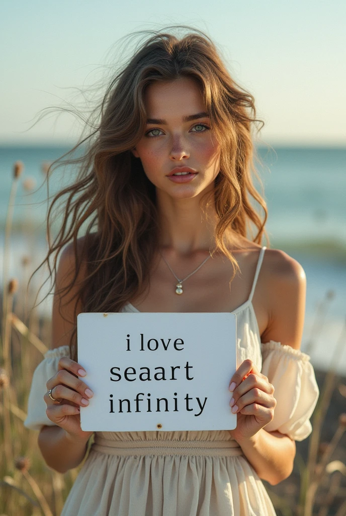 Beautiful girl with wavy long hair, bohemian dress, holding a white board with text "I Love Seaart Infinity" and showing it to the viewer