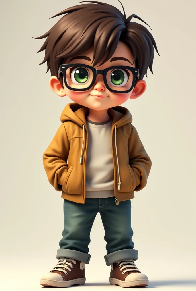 Create an image of a human chith dark glasses and short straight brown hair and green eyes