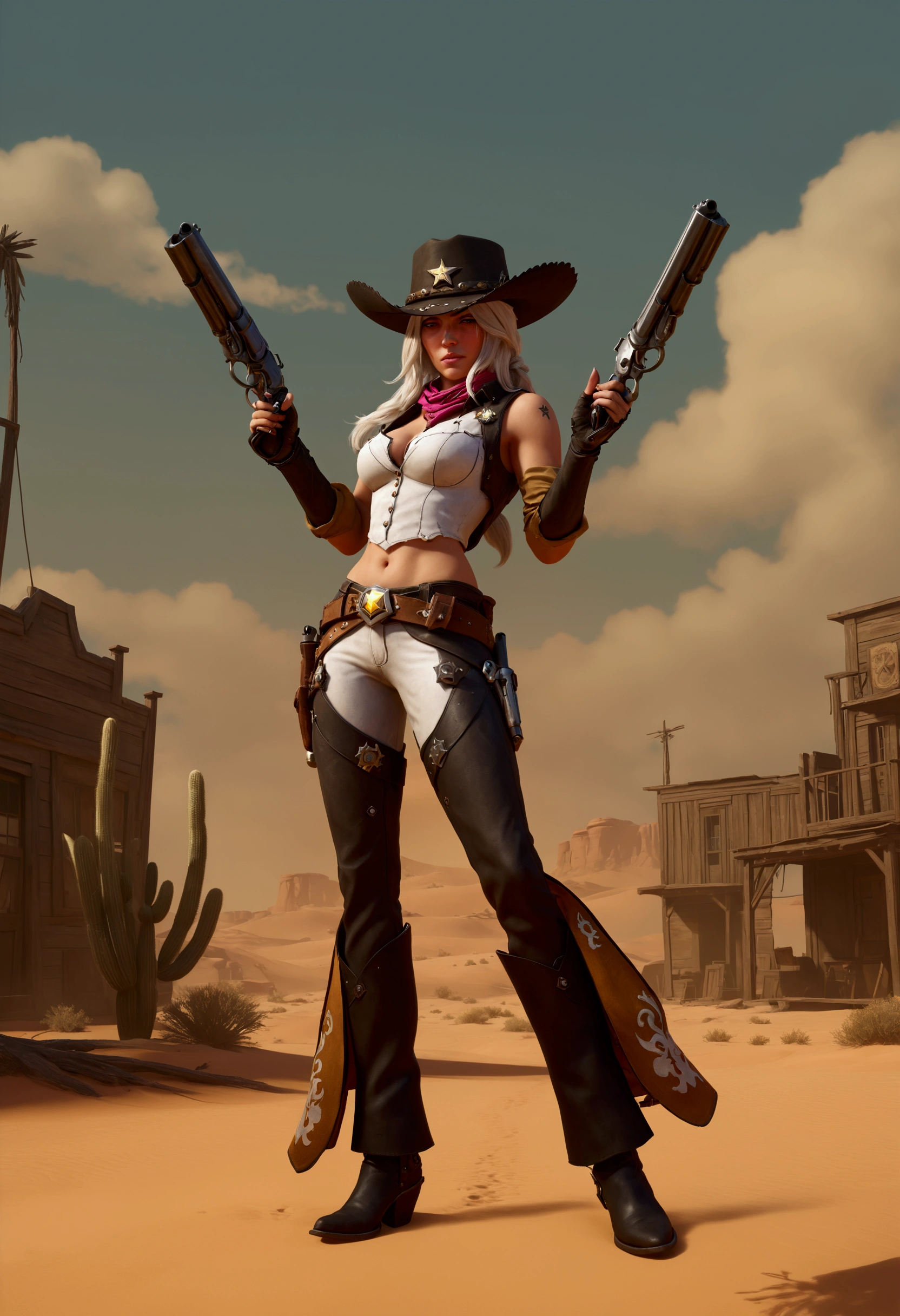 arafed woman in a cowboy outfit holding two guns in a desert, ashe, female sheriff, western gunslinger, post - apocalyptic cowgirl, squinting at high noon, brigitte, oldwest, western steampunk cyborg, cowgirl, western cowgirl, ingame image, female cowgirl, jaina proudmoore, ashe from overwatch, gunslinger, tanny skin, kda