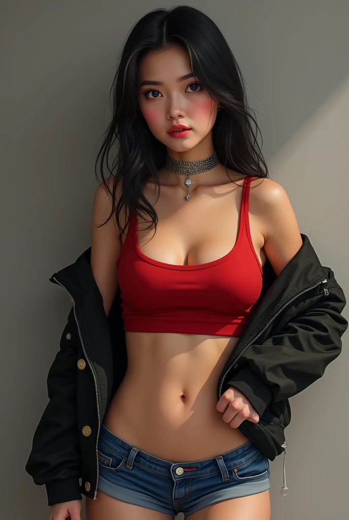 Asian girl, realistic, age 27, choker, long hair, portrait, black hair, blonde highlight, Bare shoulders, Full body, big tits, red tank top, crop top, blue jeans shorts, black jacket, midriff, breast sexually grabbed by man, girl aroused