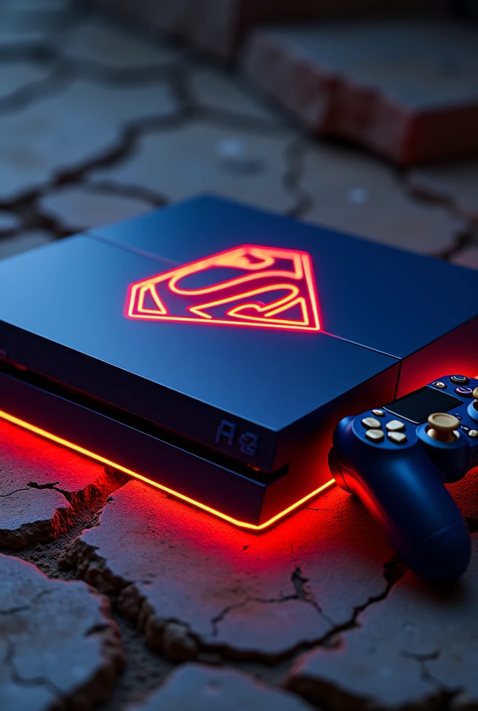 PS4 slim Supergirl version with scarlet red neon lights on the edges and a blue controller with gold buttons resting on a cracked surface and a kryptonite battery