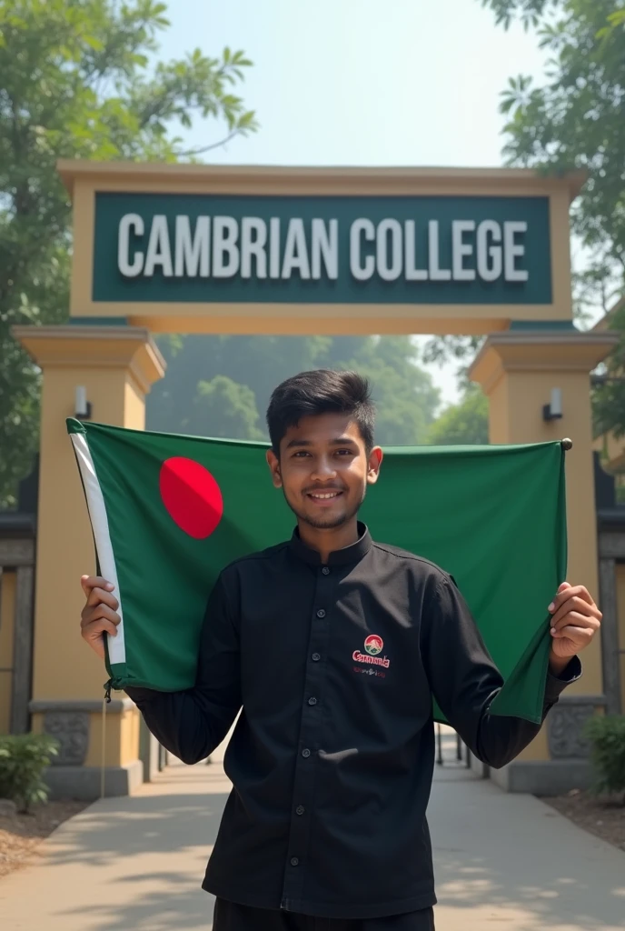 I am a  boys student of cambrian school and College. I see my College gate.College name shown the college gate. College name cambrian College. I wear black shirt full sleve. My hand a Bangladeshi flag