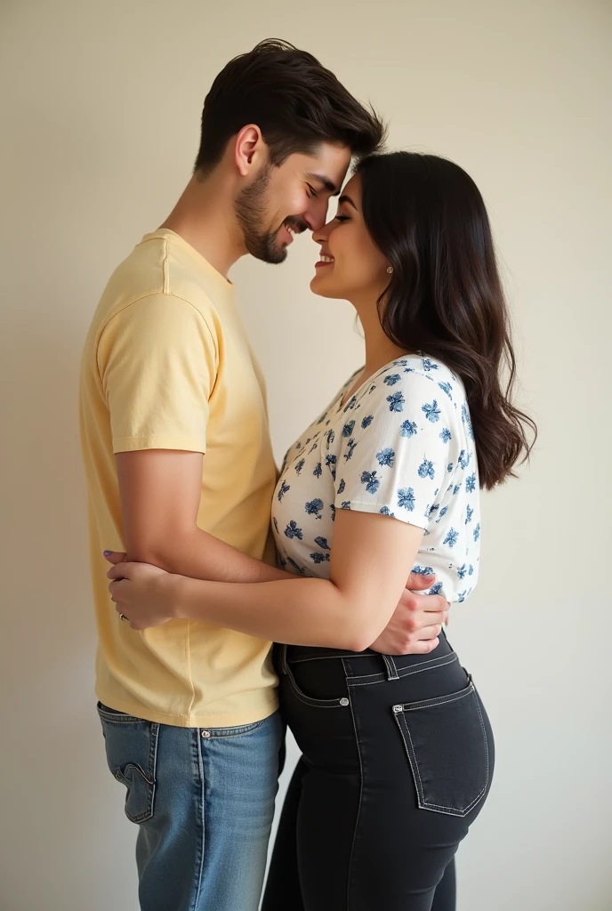Standing couple tall very much lean boy wearing light yellow t-shirt and blue jean, short plus size girl medium hair wearing full sleeves small blue floral print on white top and black Jean 