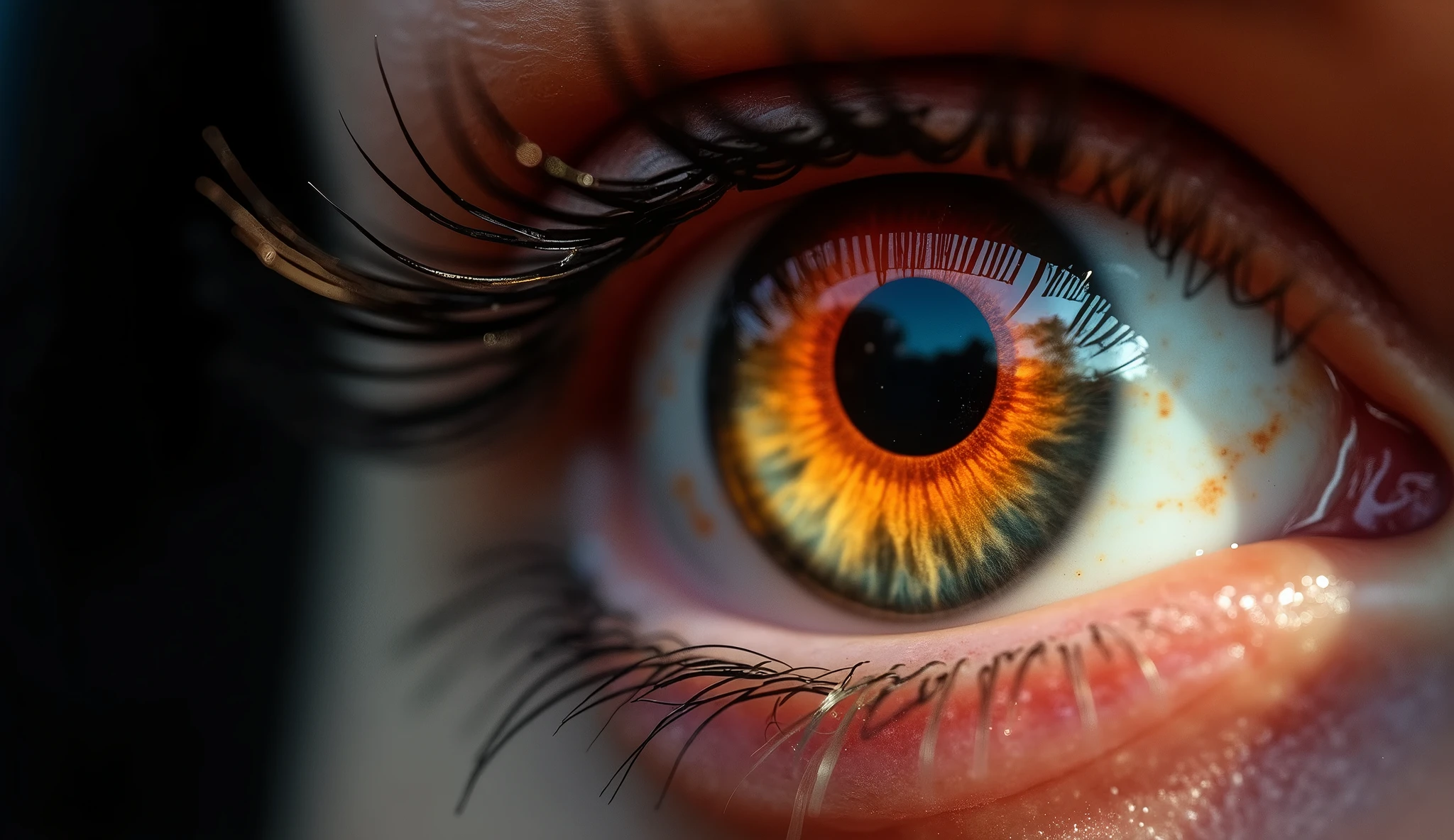Close-up of a human eye reflecting the solar eclipse, with the pupil dilating in response to the darkening sky. The surrounding iris shows subtle changes in color perception, emphasizing the shift from vibrant reds to cooler blue-green hues.

