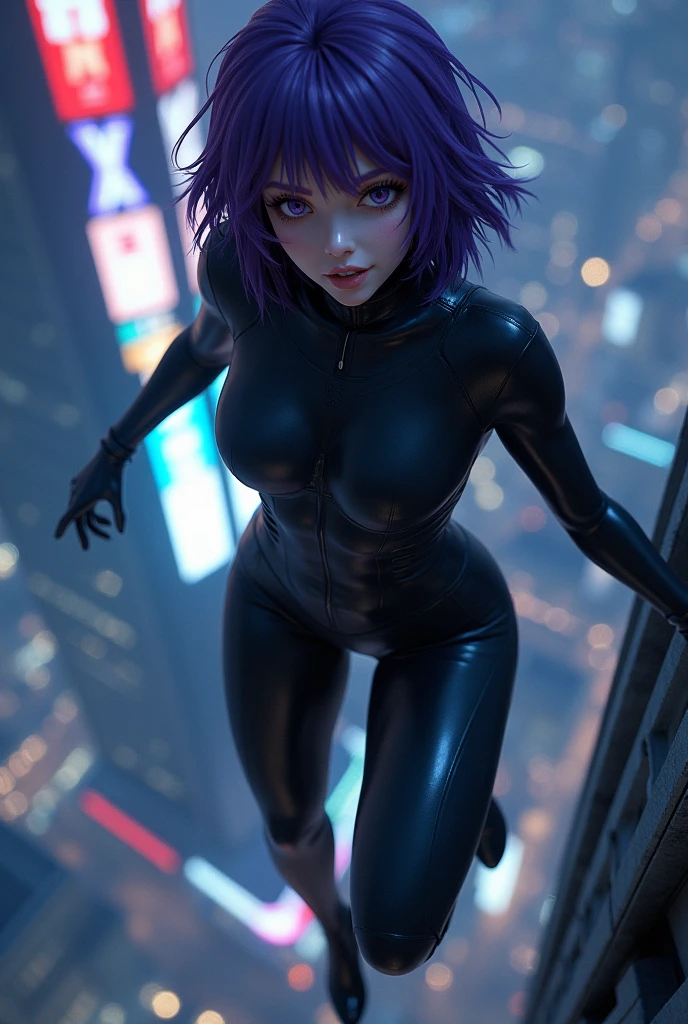 ((Ghost in the Shell Sac_Motoko Kusanagi from 2045,Ultra-high-definition Real 3D cG graphics of Kusanagi Motoko from the anime 攻殻機動隊、Motoko Kusanagi)))Purple Hair, Purple Eyes,Beautifully detailed eyes and mouth, Breathtakingly detailed and realistic skin,Beautiful hair texture and shine,Ghost in the Shell Sac_2045のMotoko Kusanagiのリアルな質感と細部へのこだわり,衣装はGhost in the Shell Sac_2045のMotoko Kusanagiの服を着ている(((She jumps off the roof of a building:1.2), (Futuristic night cityscape background) ,With her back to the building, she smiles provocatively.))).In his right hand he has a machine gun attached to his belt.,,Black Cybersuit（White double triangle mark on chest）is about to be enveloped in a transparent optical camouflage,No jacket(Optical camouflage expressed with holographic effects:1.5).Jumping vertically from the roof of a building, feet together, helplessly facing the camera, Looking into the camera, Shooting from an angle above Shooting from the top of a building with the camera pointing straight down,She falls while staring at the camera on top of the building)),)(((She looks like an adult,Has a toned physique, A body with beautiful curves, Narrow waist, Thick thighs and round ass)), Ultra-Realistic Images, Skin and hair details, Movie Scenes, Professional Saturation,息を呑むような3DcGグラフィック.(high quality, masterpiece, 最high quality, 4K.8k.:1.5). Super detailed, Ultra-fine painting, A photo that looks like a scene from a movie, Dramatic lighting, Sharp focus, Professional Photo Resolution, 3D Rendering, Awards,Ghost in the Shell S.a.c. 2nd GIG Episode 1 Homage scene