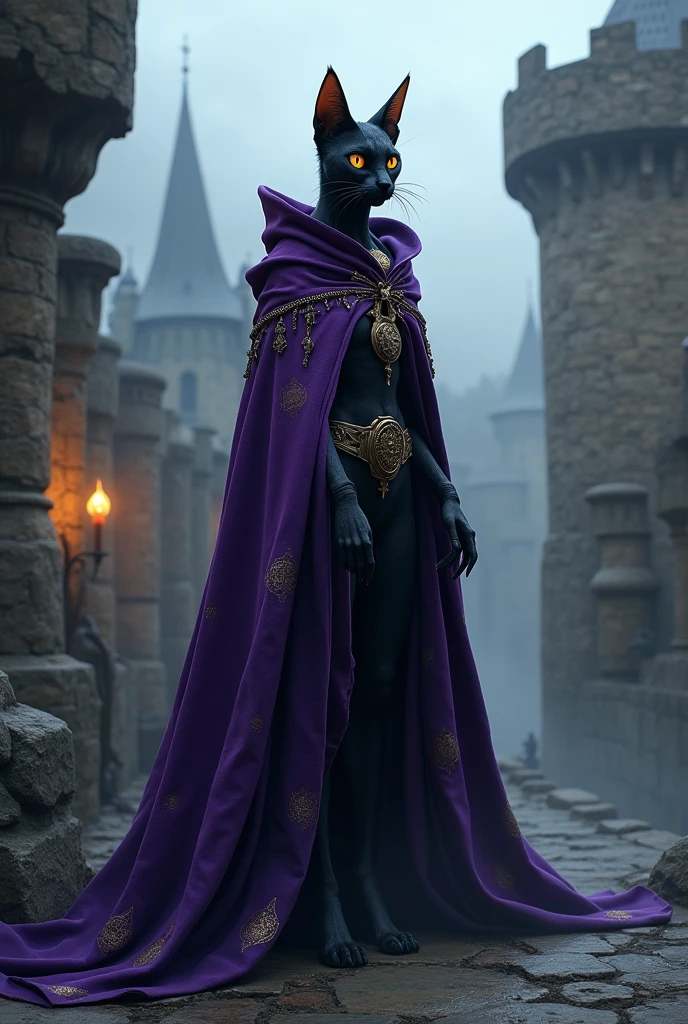 A black cat humanoid medieval wizard with dark purple robes