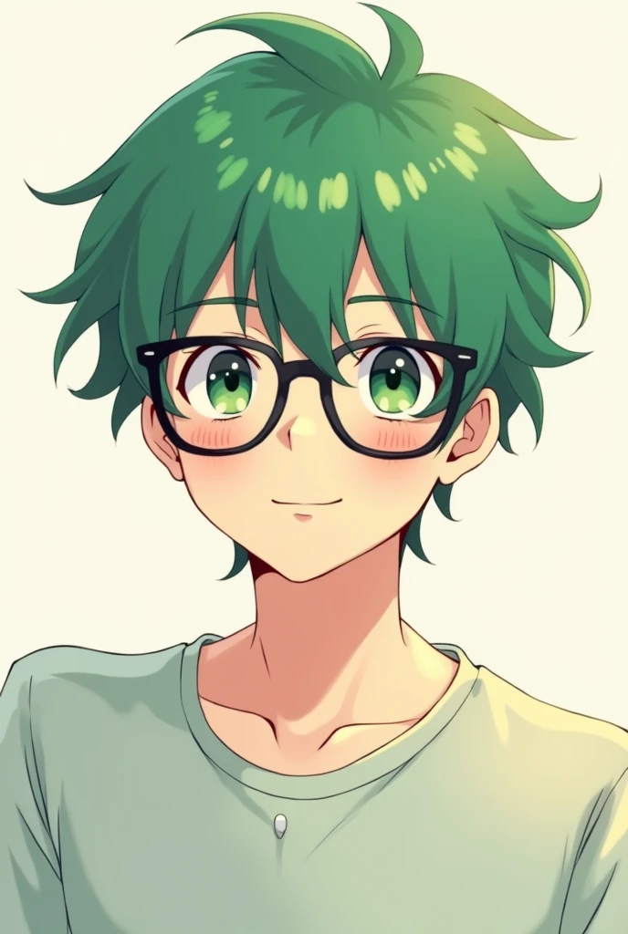 Cute young man with green hair and mashed hair, black-rimmed glasses, アニメ, Casual clothes
