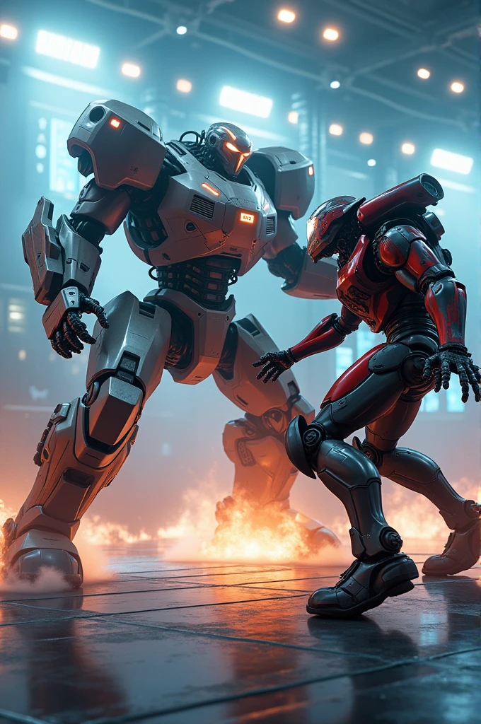 Certainly! Here's a script for a high-energy robot fighting scene, focusing on two advanced combat robots in a futuristic arena. 

---

**Title:** *Battle of the Titans*

**INT. FUTURISTIC ARENA - NIGHT**

*The crowd roars as bright lights flicker across the metallic surface of the arena. Two giant combat robots, TITAN-X and RAZOR, stand at opposite ends, ready for battle. The arena’s walls are lined with holographic displays showing the stats of the fighters.*

**ANNOUNCER**  
*Welcome, ladies and gentlemen, to the most anticipated fight of the century! In the red corner, we have the indomitable TITAN-X, known for its brute strength and impenetrable armor!*

*TITAN-X, a towering robot with massive shoulders and gleaming steel plates, raises its arms in response to the crowd’s cheers. Its eyes flash red as it scans its opponent.*

**ANNOUNCER**  
*And in the blue corner, the speed demon, the blade master, RAZOR! This bot is quick, deadly, and precision-engineered to dismantle its foes with ease!*

*RAZOR, sleeker and more agile, stands ready. Its body is lined with razor-sharp blades that extend and retract with a menacing hiss. The crowd goes wild.*

**ANNOUNCER**  
*Let the battle begin!*

*A deafening horn blares. The two robots charge at each other with incredible speed.*

**CUT TO:**

**TITAN-X POV**

*TITAN-X’s HUD displays data on RAZOR, calculating the best angle of attack. It raises a massive fist and swings it toward RAZOR.*

**RAZOR**

*Ducking with lightning speed, RAZOR evades the punch, sparks flying as it skims past TITAN-X’s arm. RAZOR counters with a spinning blade strike aimed at TITAN-X’s legs.*

**TITAN-X**

*The hit lands, but TITAN-X’s armor withstands the assault. It stomps the ground, sending a shockwave that knocks RAZOR off balance.*

**RAZOR**

*Quickly recovering, RAZOR backflips, distancing itself from TITAN-X. Its blades retract, and two plasma cannons emerge from its shoulders. It fires rapidly, aiming for TITAN-X’s joints.*

**TITAN-X