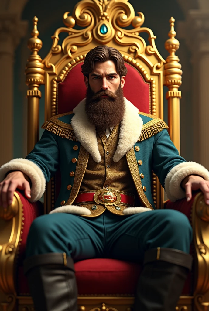 Brown hair man with brown beard sitting on his golden throne