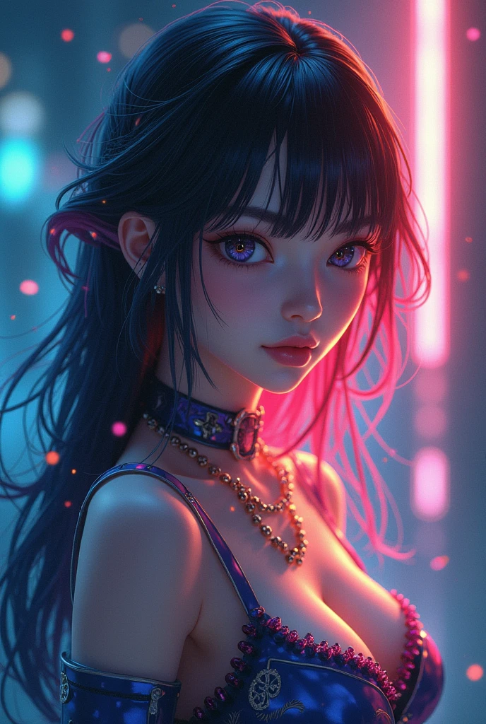 {{masterpiece}}, best quality, extremely detailed CG unity 8k wallpaper, cinematic lighting, lens flare, beautiful detail eyes, black, side glance, multicolor hair, colorful light, particles, heterochromia, (colorful:1.5), (colorful hair:1.5),