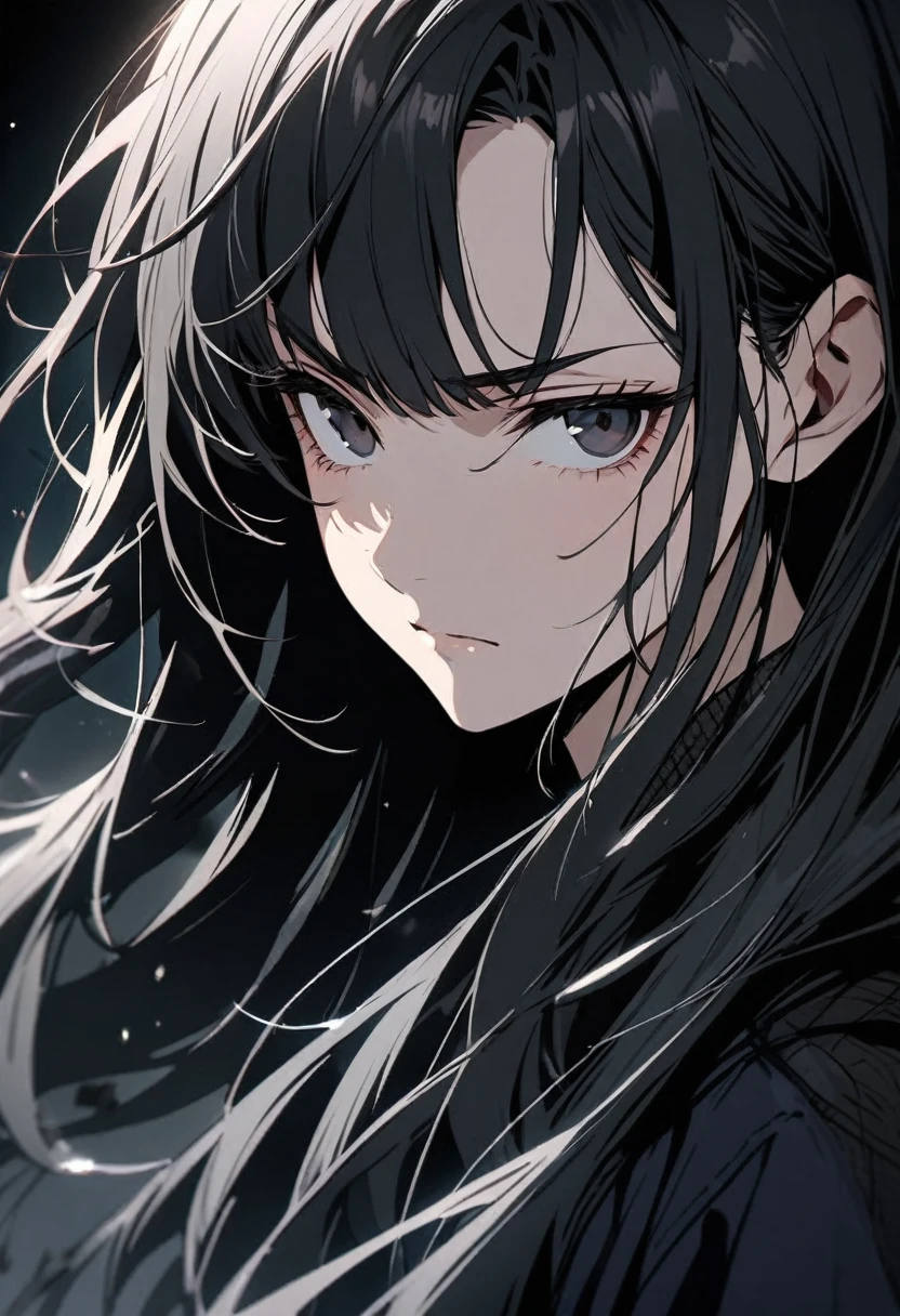 girl, adult, black eyes, black hair, long hair, beautiful eyes, beautiful color, high detail, calm face, serious face