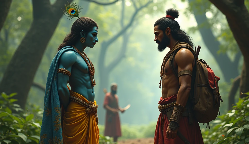 A rugged hunter named Jara, wearing practical hunting attire, standing in a forest. He is looking towards, Lord Krishna , wearing a yellow dhoti and blue shawl, with a peacock feather in his hair.
Krishna left for the forest and sitting in meditation under a tree a shadowy figure under a tree, holding a bow, with a look of realization and regret on his face as he recognizes Krishna's foot. 3d style realistic image
These prompts capture the essence of each character and their significant moments in the story '3d style realistic image