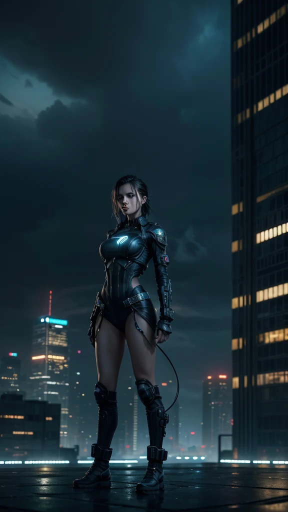 Digital artwork, concept art, a cyberpunk girl with "500 subscribers" text on her chest, standing on rooftop with a dark dystopian city in the background, dynamic pose, fierce, comics style, extremely intricate, extremely detailed, ominous lighting, dramatic lighting, dark stormy night, shot with Hasselblad, long exposure
