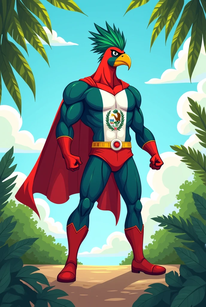 Create a drawing of a character that is the super flag and the super quetazl bird of Guatemala simple for children