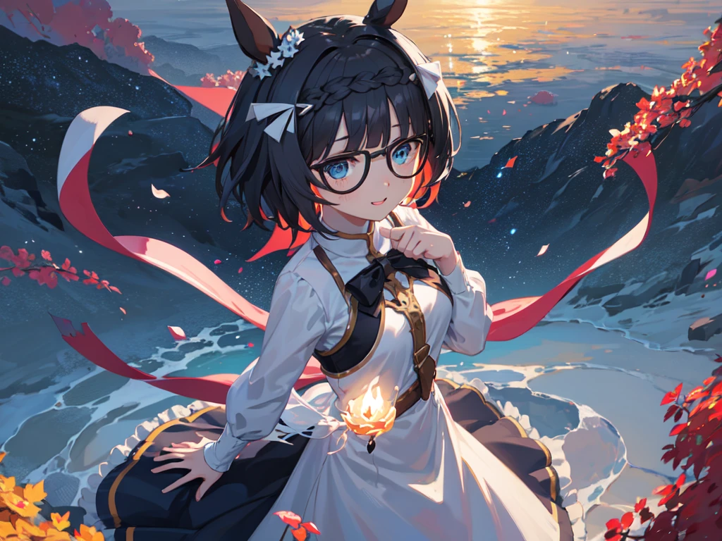 solo、Alone、1Alone。masterpiece, 超High resolution, Highest quality, High resolution, 8k、(noline:1.5)、(flat2-DIM1:1.5)、Shooting from above、Upper Body Shot。Girl with horse ears、beautiful girl、Wear black glasses。Big Breasts、Pale pink lips、smile。White blouse、Blue Skirt、A large blue ribbon on the chest。The body is tilted diagonally to the side、Place your hand on your chest。Wind、Starry Sky、cliff
