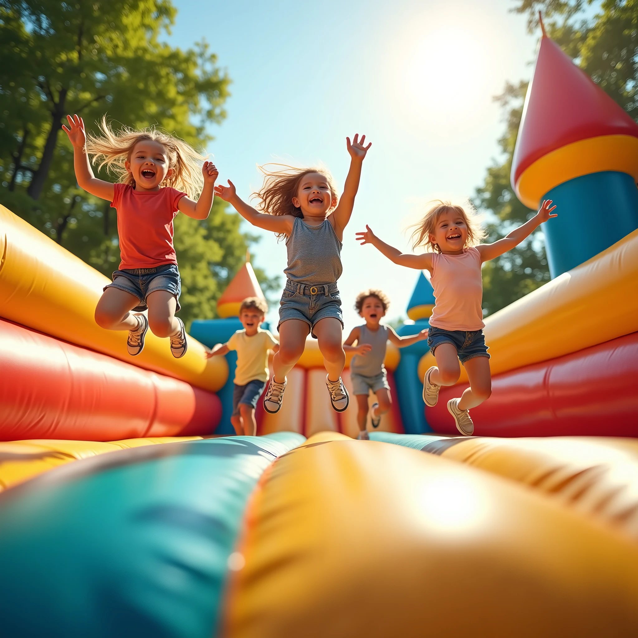 A vibrant, sunny day at a park with a group of kids laughing and jumping on a large, colorful inflatable bouncing castle. The children, aged 5-7, are mid-air, with joyful expressions, captured from a low angle to emphasize the height of their jumps.