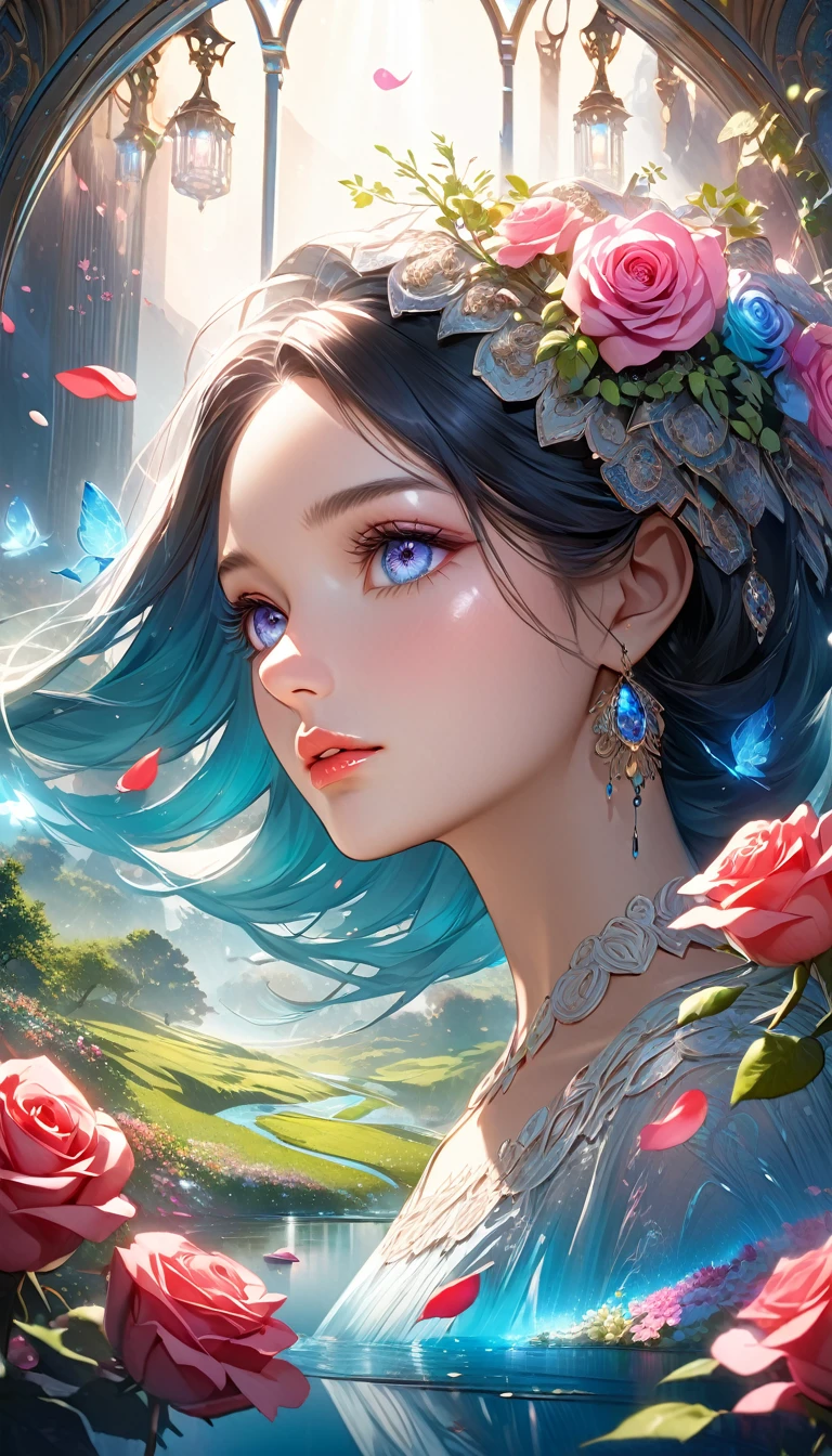 Rose landscape, bright canvas, The petals are fluttering, Transparent holographic reflection, A surreal landscape made of flower petals, Leaves viewers speechless,
A beautiful world, 1 Uzbek woman, detailed eyes, detailed lips, very detailed face, long eyelashes, Beautiful and detailed portraits, elegant, tranquil expression, spring, high quality, 8k,
realistic, surrealist, studio lighting, Physically Based Rendering, vivid colors, movie lights, dramatic lighting, soft lighting,
dramatic contrast, clear, ethereal, dreamlike, mysterious, magical, fancy, concept art