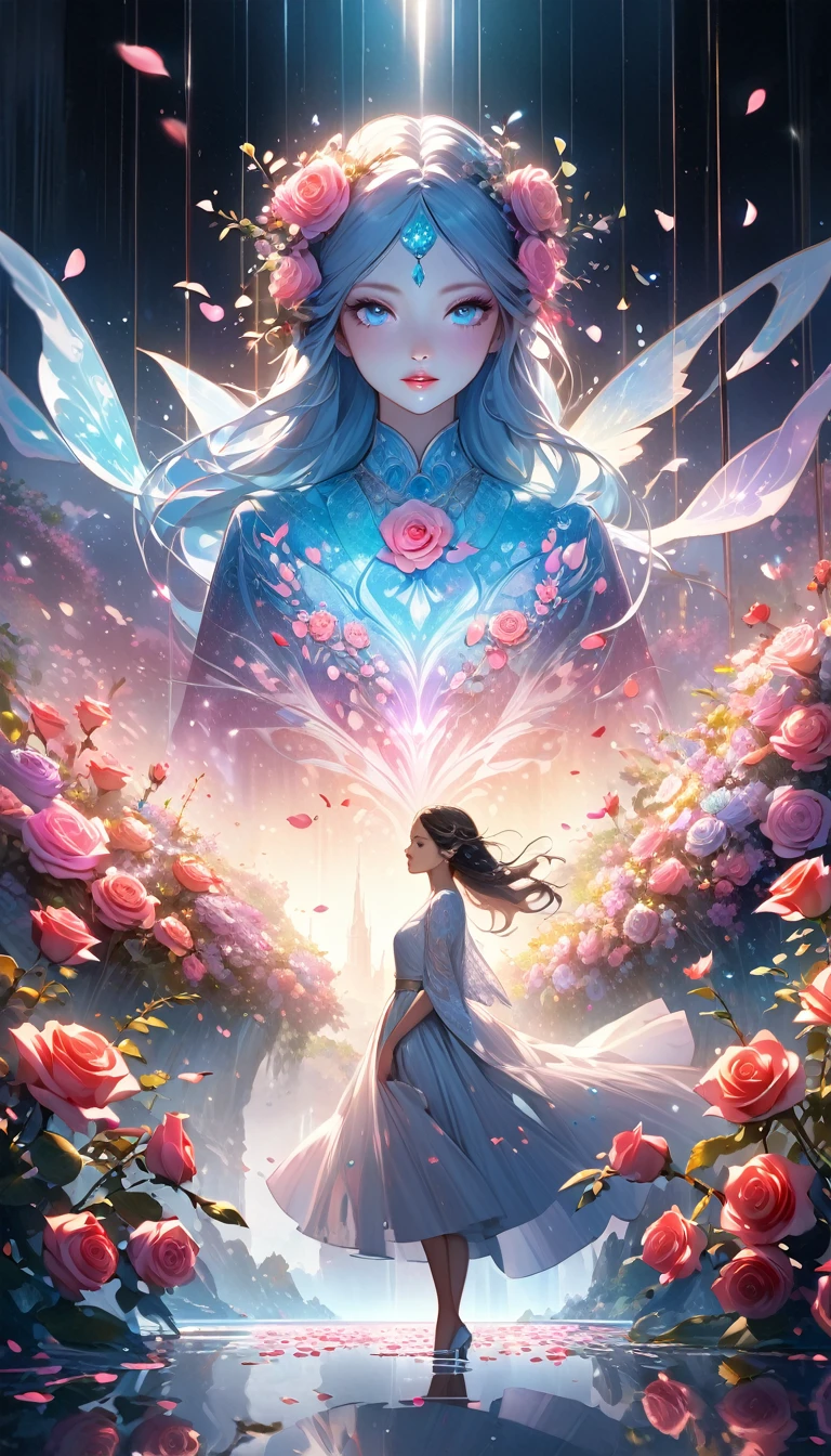 Rose landscape, bright canvas, The petals are fluttering, Transparent holographic reflection, A surreal landscape made of flower petals, Leaves viewers speechless, 
A beautiful world, 1 Uzbek woman, detailed eyes, detailed lips, very detailed face, long eyelashes, Beautiful and detailed portraits, elegant, tranquil expression, spring, high quality, 8k, 
realistic, surrealist, studio lighting, Physically Based Rendering, vivid colors, movie lights, dramatic lighting, soft lighting,
 dramatic contrast, clear, ethereal, dreamlike, mysterious, magical, fancy, concept art