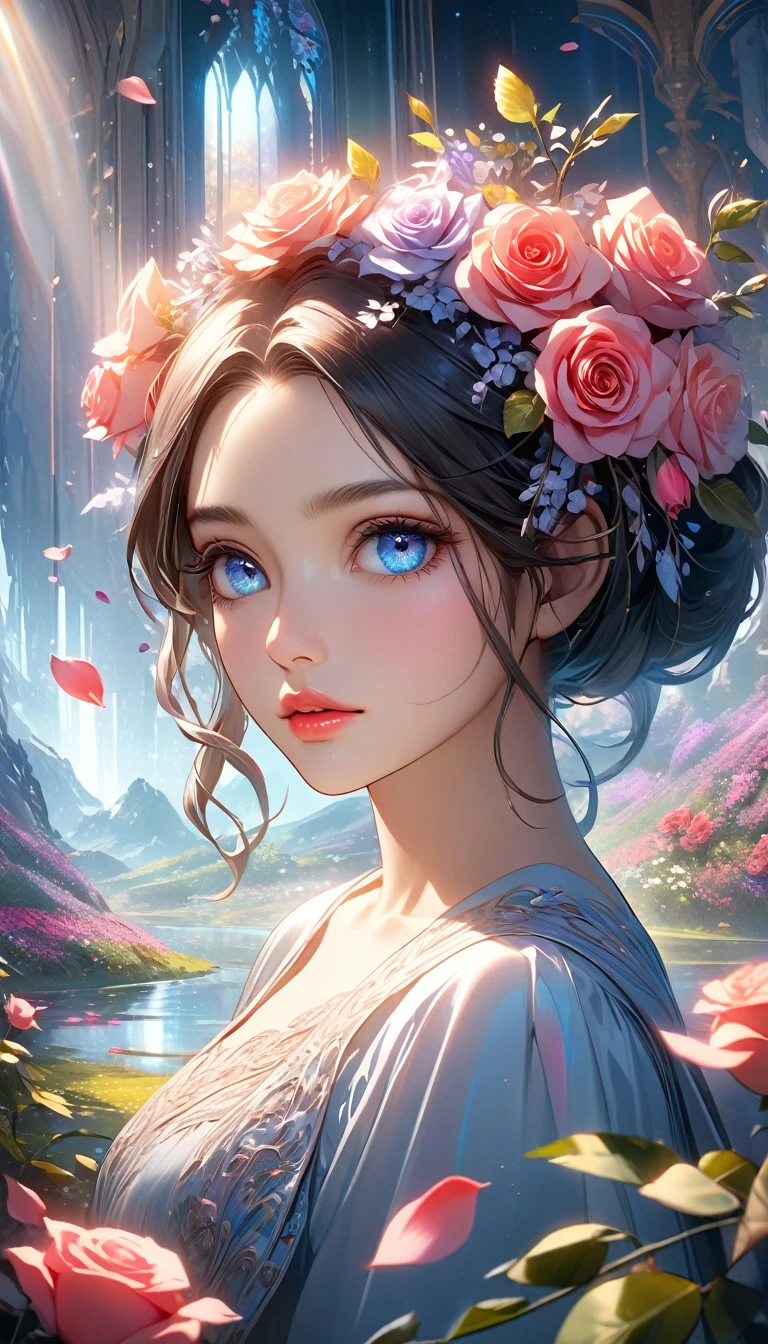 Rose landscape, bright canvas, The petals are fluttering, Transparent holographic reflection, A surreal landscape made of flower petals, Leaves viewers speechless, 
A beautiful world, 1 Uzbek woman, detailed eyes, detailed lips, very detailed face, long eyelashes, Beautiful and detailed portraits, elegant, tranquil expression, spring, high quality, 8k, 
realistic, surrealist, studio lighting, Physically Based Rendering, vivid colors, movie lights, dramatic lighting, soft lighting,
 dramatic contrast, clear, ethereal, dreamlike, mysterious, magical, fancy, concept art